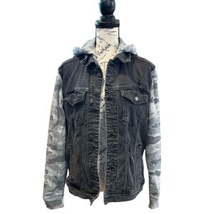 HOLLISTER Jacket Hoodie Button Down Denim Distressed & Camo Sleeves Charcoal S